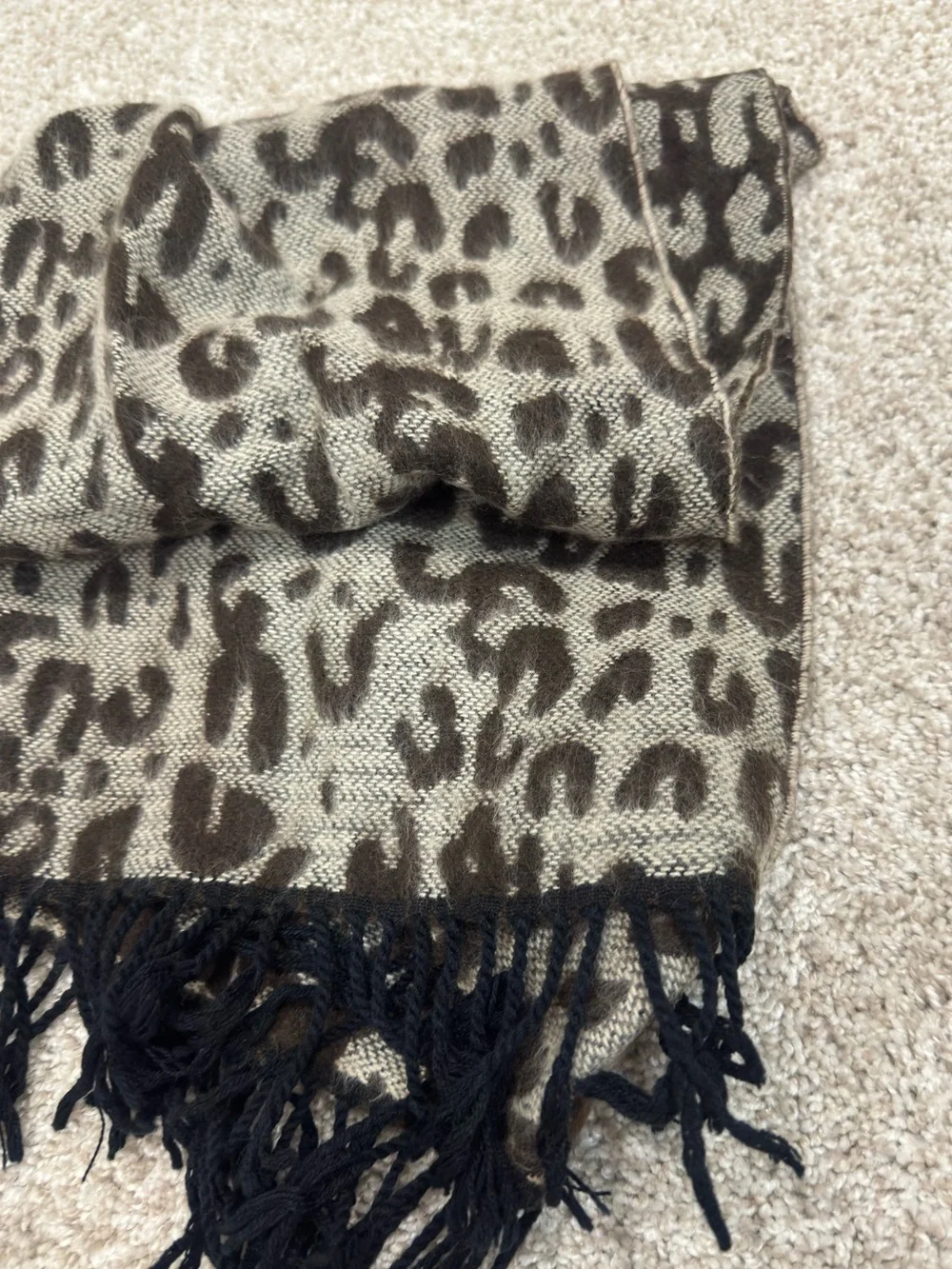 Leopard Print Fringe Scarf - Gray & Brown with Black fringe
